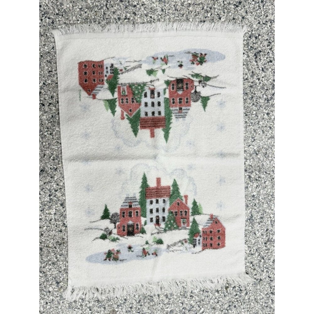 Vintage Cannon Christmas Winter Village Scene Fringe Hand Kitchen Dish Towel